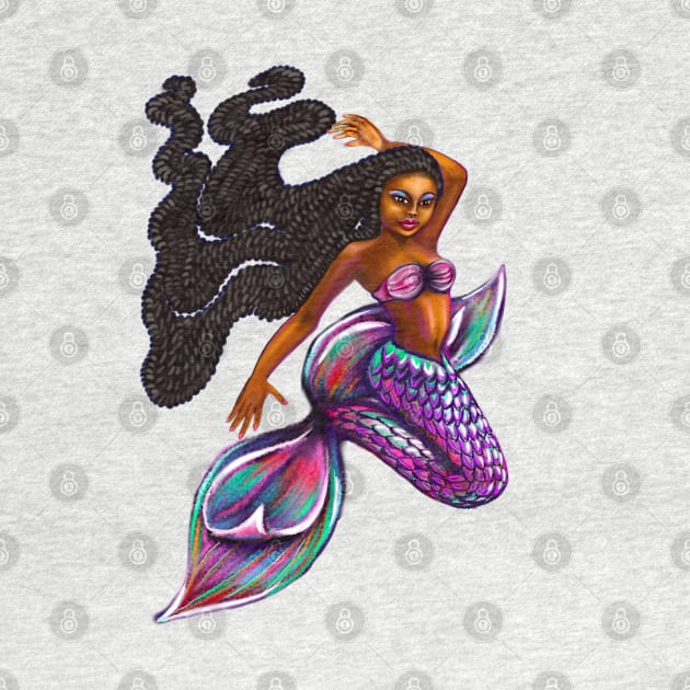 mermaid with flowing braids, brown eyes curly Afro hair and caramel brown skin. Black mermaid by Artonmytee